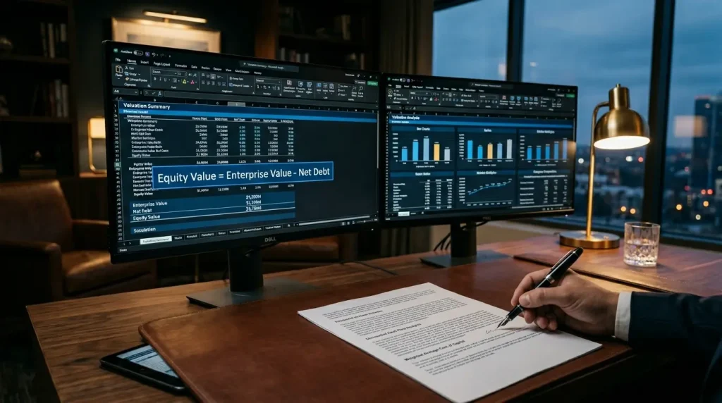 Monitores de alta resolução em um escritório financeiro premium exibindo modelagem de valuation e a fórmula do Equity Value.