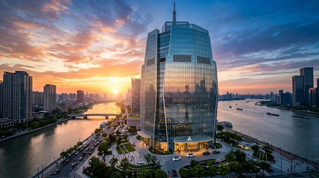 Fachada imponente de um edifício corporativo moderno espelhado durante o amanhecer, representando solidez e futuro patrimonial.