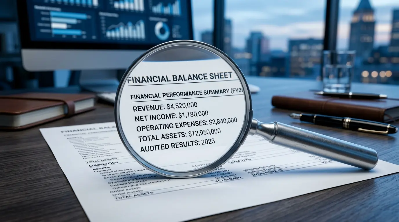 Uma lupa de precisão destacando dados específicos em um balanço financeiro corporativo sobre uma mesa.