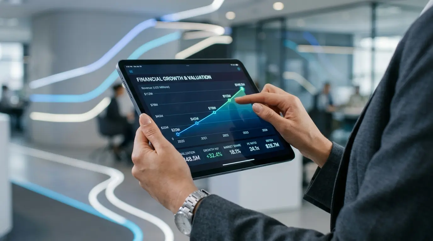 Gráfico moderno em tela de tablet exibindo projeções financeiras e a fórmula do Fluxo de Caixa Descontado.