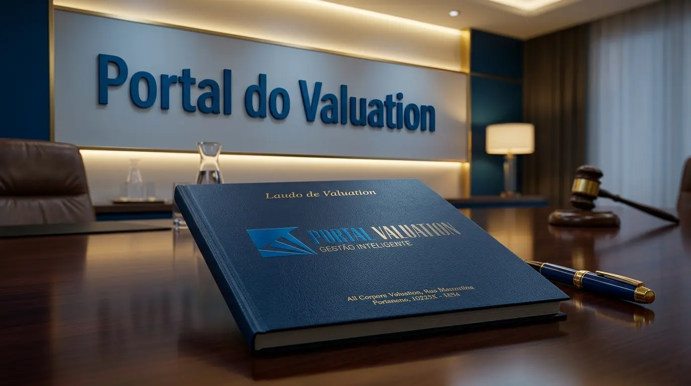 Laudo de valuation técnico de quotas de uma empresa limitada posicionado sobre uma mesa de reuniões corporativa de alta governança.
