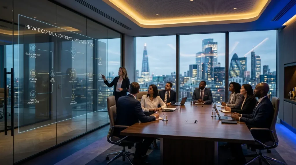 Painel digital interativo exibindo gráficos de transações financeiras e investimentos em uma sala de reuniões corporativa de alta governança. Equity o que é