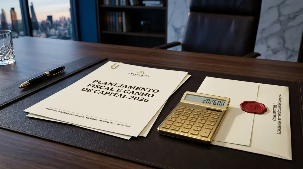 Documentação de planejamento tributário corporativo e guias fiscais organizados sobre uma mesa de couro de alta liderança.