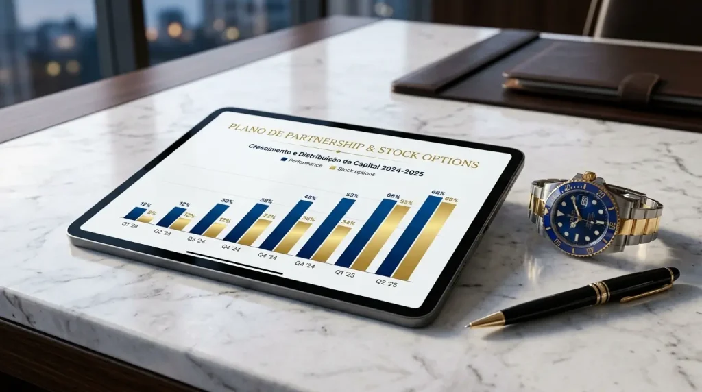 Tablet corporativo exibindo plano de partnership e acúmulo de riqueza patrimonial sobre uma mesa de mármore premium.