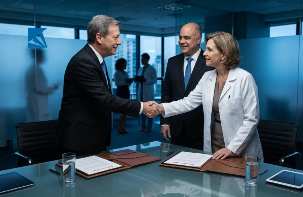 Dois executivos e um médico apertando as mãos em uma sala de conferências corporativa com laudo de valuation sobre a mesa.