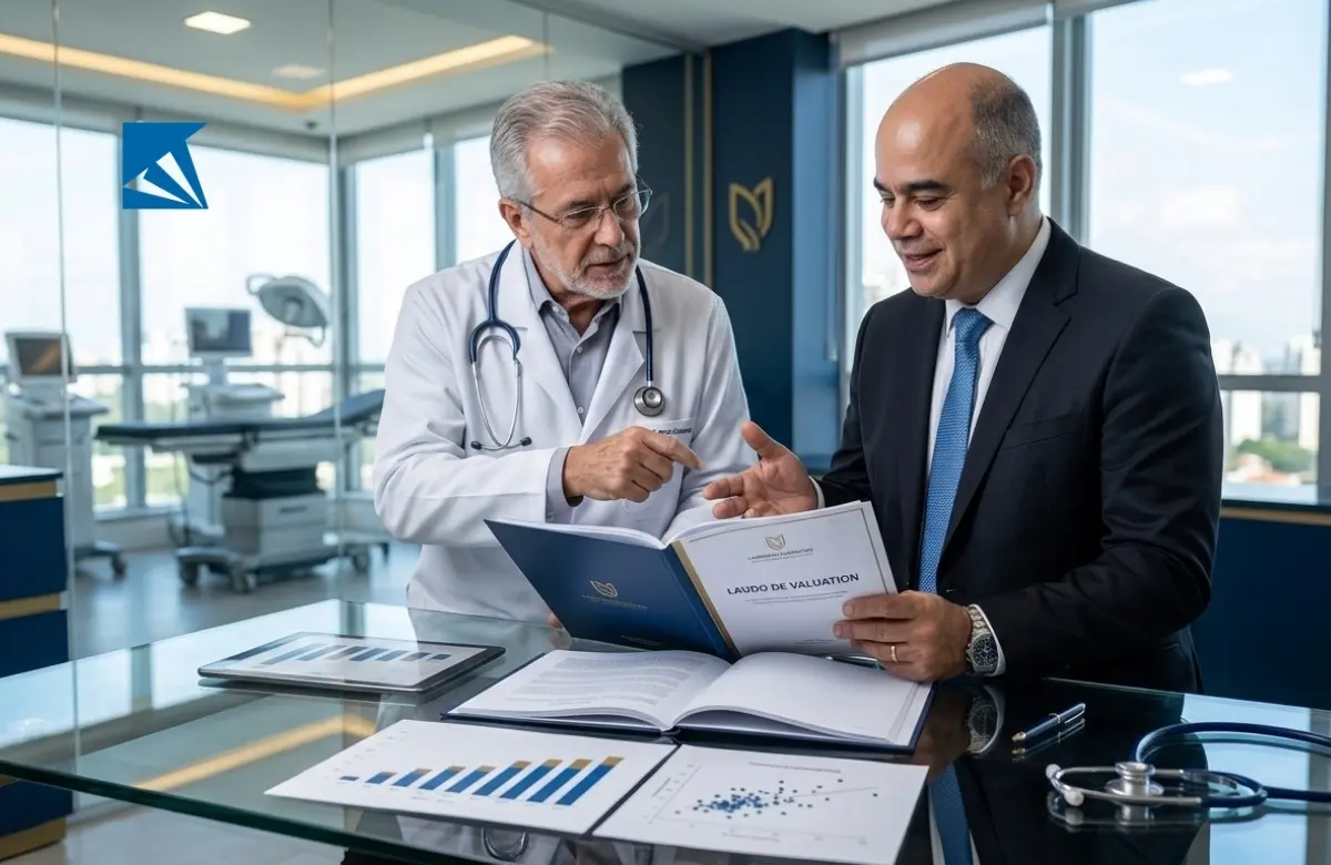 Médico fundador e consultor financeiro analisando relatório de valuation e gráficos de desempenho da clínica médica sobre uma mesa de reuniões.