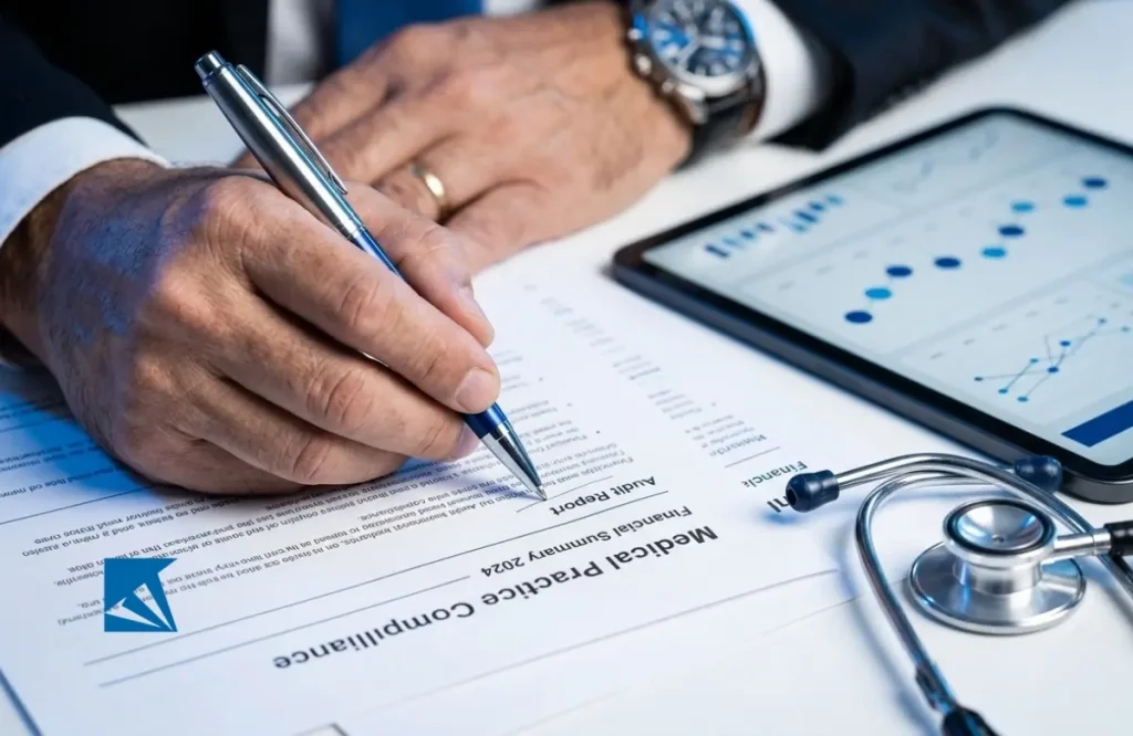 Auditor financeiro examinando prontuários e contratos corporativos sob uma mesa com plantas medicinais e estetoscópio. quanto vale uma clinica medica