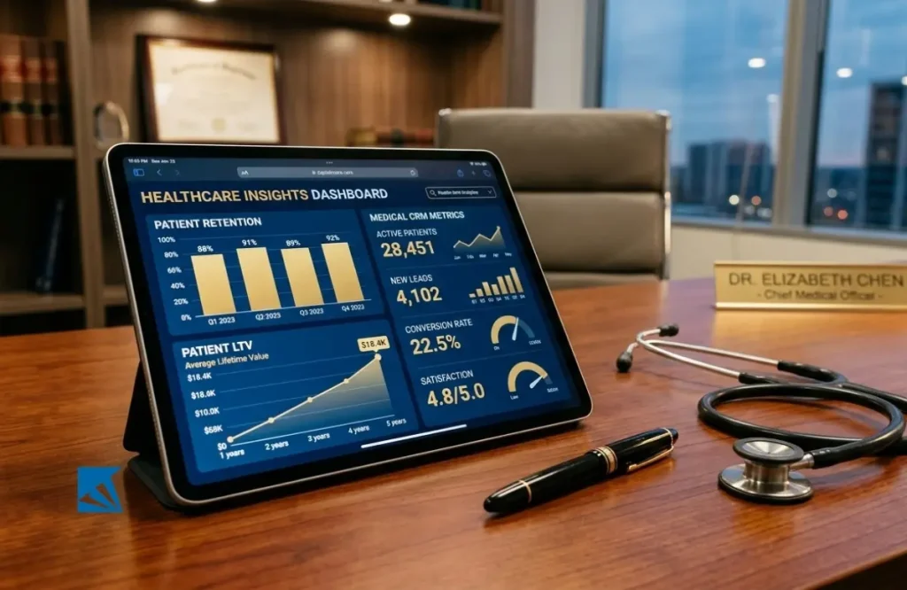 Tablet corporativo com gráficos digitais de LTV e retenção de pacientes sobre uma mesa de reunião de clínica médica.